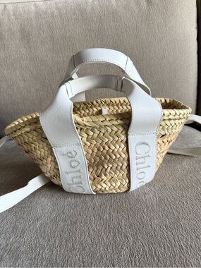 Chloe White Leather-Trim Straw Mini Tote Crossbody Authentic